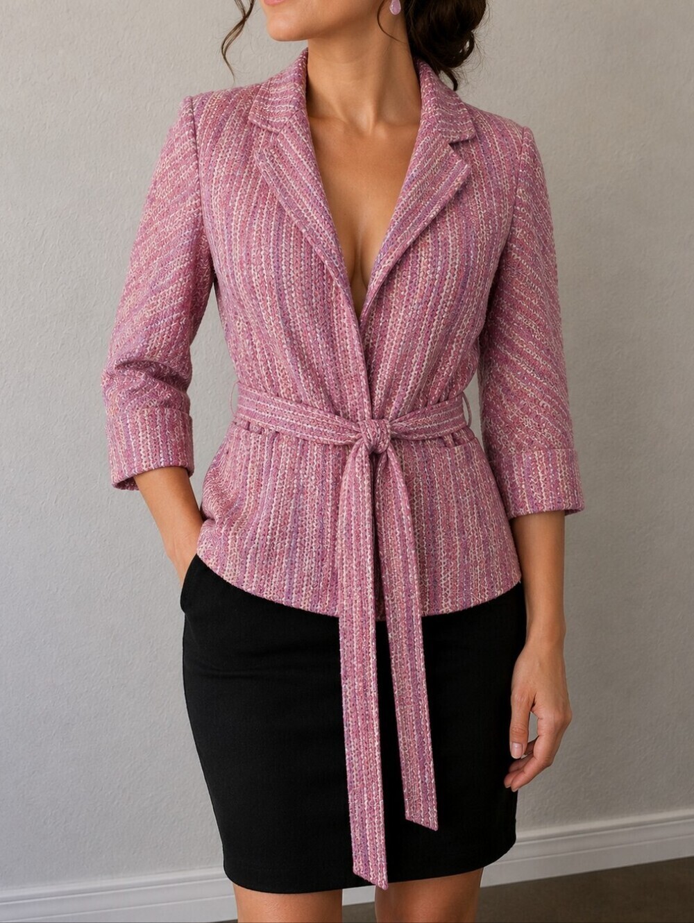 PARKINSON Pink and Lavendar Eyelet Waist Tie Silk Blend Blazer Jacket